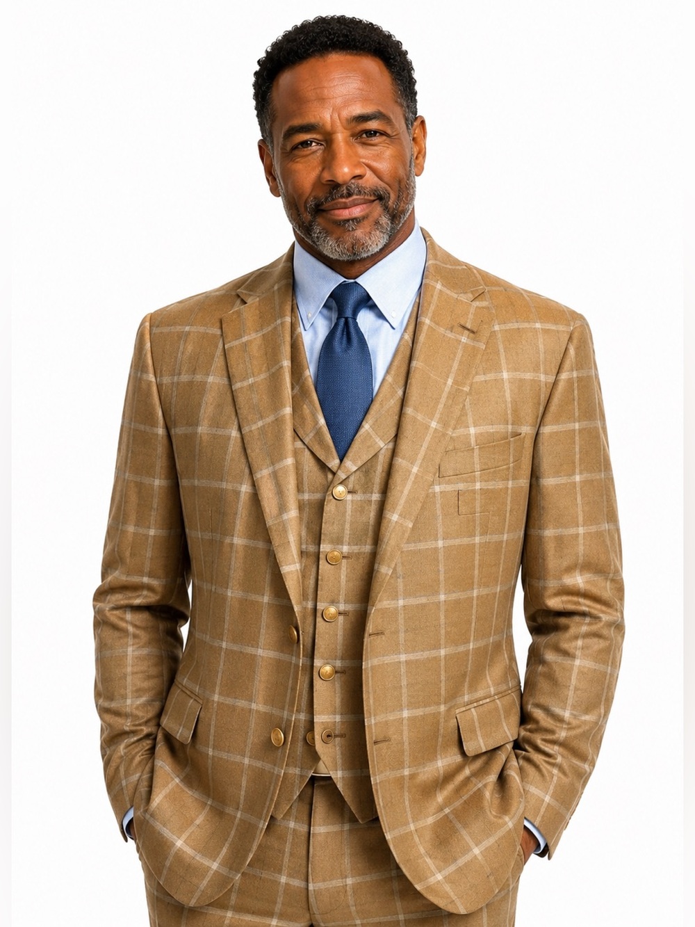 Tom James Custom 3-Piece Suit | Windowpane | Gold Buttons | Classic Tailored